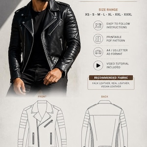May include: A sewing pattern for a biker jacket featuring a black leather jacket worn by a person, technical line drawings of the front and back views, and text including MEN'S BIKER JACKET, SIZE RANGE XS-XXXL, EASY TO FOLLOW INSTRUCTIONS, and PDF.