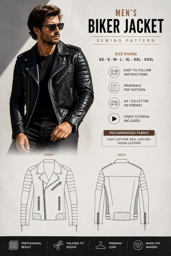 Black Moto Leather Jacket for Men, Classic Biker Jacket, Quilted Motorcycle Jacket, Punk Rock Leather Coat, Fashion Rider Outerwear