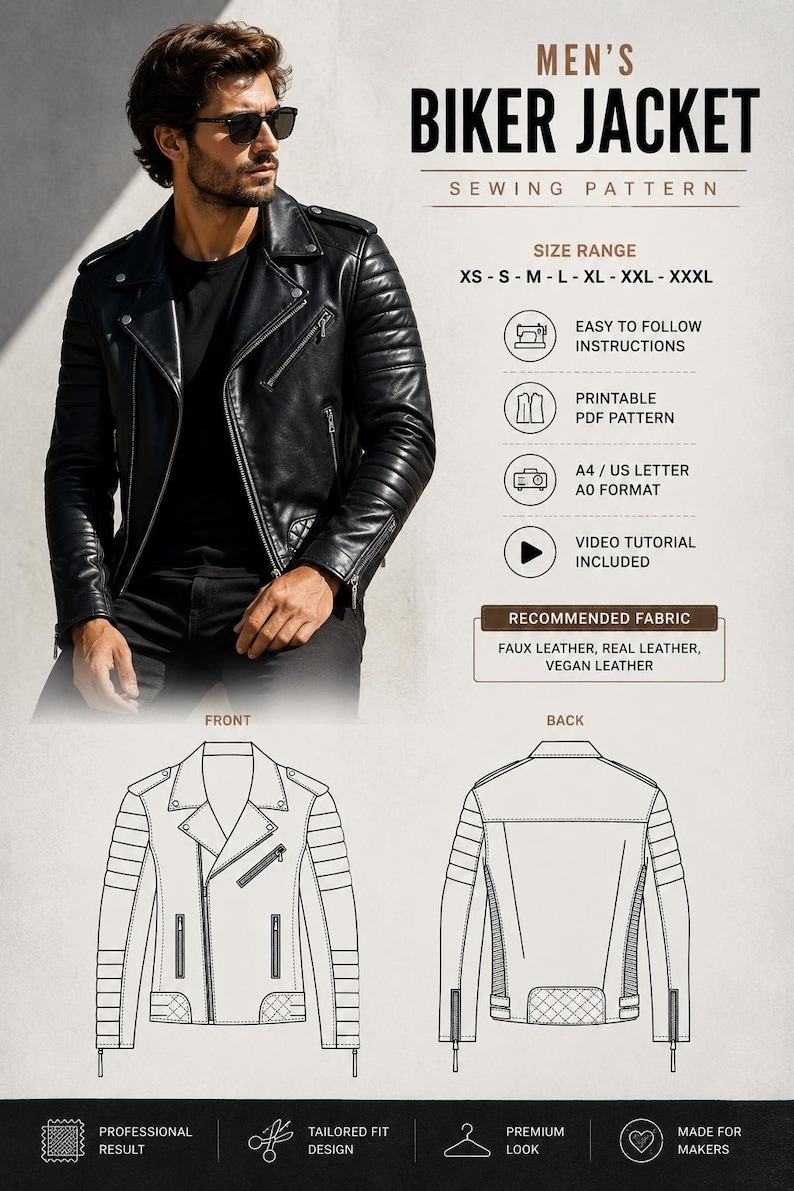 Puede incluir: Un patr&oacute;n de costura para chaqueta motera que muestra una chaqueta de cuero negra usada por una persona, dibujos t&eacute;cnicos de frente y espalda, y texto que incluye MEN'S BIKER JACKET, SIZE RANGE XS-XXXL, EASY TO FOLLOW INSTRUCTIONS y PDF.