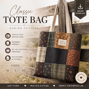 Quilt Patch Tote Bag Sewing Pattern PDF| Patchwork Tote Pattern| Beginner Friendly Bag Tutorial| A0 A4 US Letter Printable| Digital Download