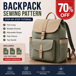 Könnte beinhalten: Ein Rucksack-Schnittmuster mit Schritt-für-Schritt-Anleitung, komplettem Innenfutter, mehreren Taschen, verstellbaren Trägern, Klappenverschluss und Tragegriff. Das digitale PDF-Schnittmuster enthält die Formate A0, A4 und US Letter.