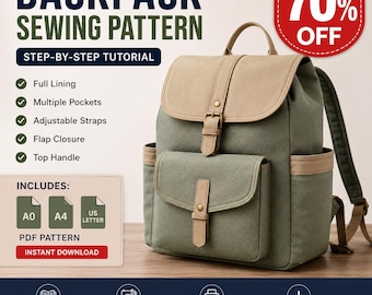 Rucksack-Nähschnittmuster (PDF), Anleitung für einen Alltagsrucksack, Klapprucksack mit Taschen, A0, A4, US Letter (digitaler Download)