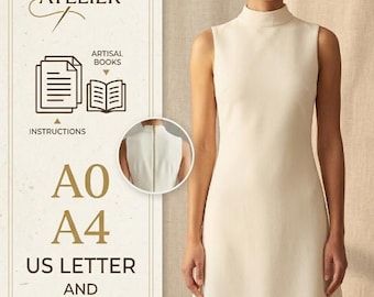 Patrón de costura para vestido de corte A sin mangas con cuello alto / Patrón de vestido recto con cuello simulado, descarga instantánea en PDF, patrón de costura digital, tallas XS-XL