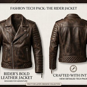 Puede incluir: Una chaqueta de cuero marr&oacute;n mostrada de frente y de espaldas, con paneles acolchados en los hombros y la parte baja de la espalda, bolsillos con cremallera y solapas. El texto dice FASHION TECH PACK: THE RIDER JACKET, RIDER'S BOLD LEATHER JACKET y CRAFTED WITH INTENT.