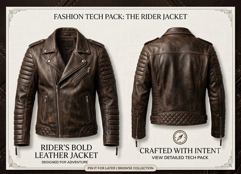 Puede incluir: Una chaqueta de cuero marr&oacute;n mostrada de frente y de espaldas, con paneles acolchados en los hombros y la parte baja de la espalda, bolsillos con cremallera y solapas. El texto dice FASHION TECH PACK: THE RIDER JACKET, RIDER'S BOLD LEATHER JACKET y CRAFTED WITH INTENT.