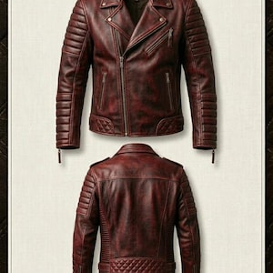 Puede incluir: Una chaqueta de cuero envejecido de color rojo oscuro mostrada de frente y de espaldas. La chaqueta presenta solapas, cierre de cremallera asim&eacute;trico, bolsillos con cremallera, paneles acolchados en hombros y cintura, y charreteras. Texto: FASHION TECH PACK: THE AGED OUTLAW JACKET.