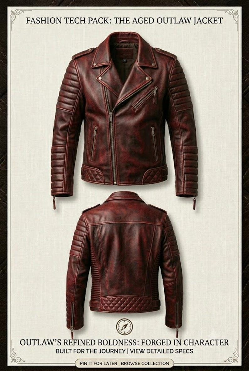 Puede incluir: Una chaqueta de cuero envejecido de color rojo oscuro mostrada de frente y de espaldas. La chaqueta presenta solapas, cierre de cremallera asim&eacute;trico, bolsillos con cremallera, paneles acolchados en hombros y cintura, y charreteras. Texto: FASHION TECH PACK: THE AGED OUTLAW JACKET.