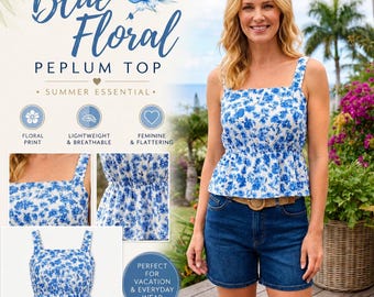 Peplum-Tanktop-Schnittmuster – Ärmellose Sommerbluse, anfängerfreundlich, Leinen-Karo-Top mit Trägern | Größen S–3XL | Sofort-Download