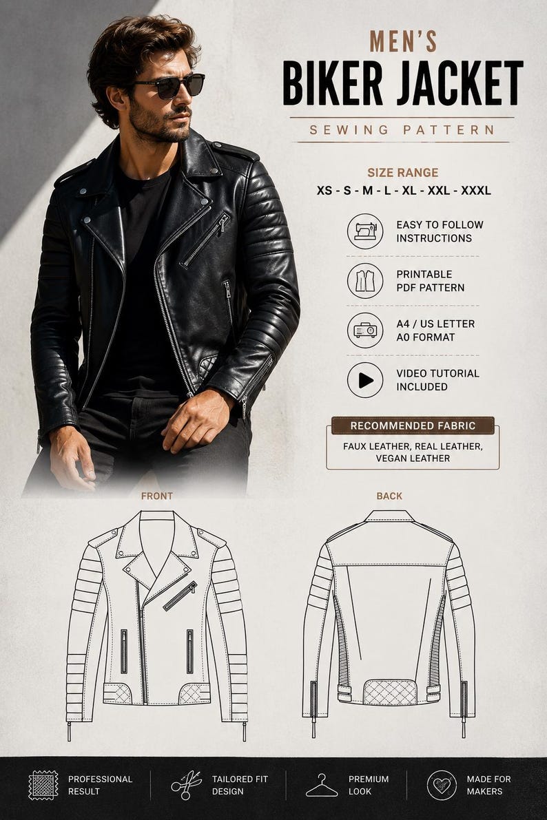 Puede incluir: Un patr&oacute;n de costura para chaqueta motera que muestra una chaqueta de cuero negra usada por una persona, dibujos t&eacute;cnicos de frente y espalda, y texto que incluye MEN'S BIKER JACKET, SIZE RANGE XS-XXXL, EASY TO FOLLOW INSTRUCTIONS y PDF.