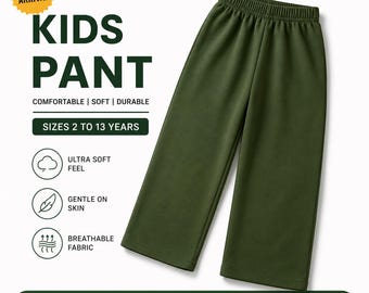 PDF-Datei mit dem Schnittmuster für eine weite Kinderhose. Schnittmuster für Kinderhosen. Hose mit Gummibund. Susie-Hose. Größen 2–13 Jahre.