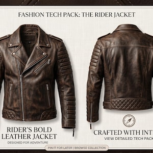 Puede incluir: Una chaqueta de cuero marr&oacute;n para motociclista mostrada de frente y de espaldas, con cuello de solapa, bolsillos con cremallera, paneles acolchados en hombros y espalda baja, y pu&ntilde;os con cremallera. El texto dice FASHION TECH PACK: THE RIDER JACKET y RIDER'S BOLD LEATHER JACKET.