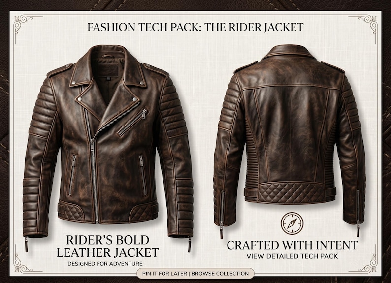 Puede incluir: Una chaqueta de cuero marr&oacute;n para motociclista mostrada de frente y de espaldas, con cuello de solapa, bolsillos con cremallera, paneles acolchados en hombros y espalda baja, y pu&ntilde;os con cremallera. El texto dice FASHION TECH PACK: THE RIDER JACKET y RIDER'S BOLD LEATHER JACKET.