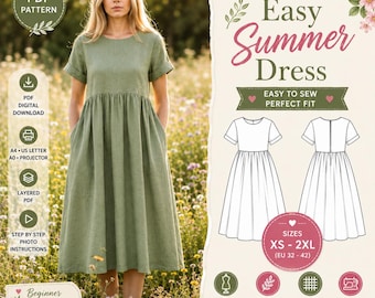 Einfaches Sommerkleid-Schnittmuster (PDF), Kurzarmkleid, gerafftes Midikleid, anfängerfreundlich, Größen XS-2XL