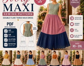 Schnittmuster für ein elfenbeinfarbenes Maxikleid (PDF) | Stufenkleid | Ärmelloses Sommerkleid | Damen-Maxikleid | A0 A4 US