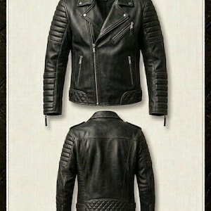 Puede incluir: Una chaqueta de cuero negro mostrada de frente y de espaldas, con paneles acolchados en los hombros y la parte baja de la espalda, cremalleras plateadas y solapas. El texto dice: FASHION TECH PACK: THE AGED OUTLAW JACKET, OUTLAW'S REFINED BOLDNESS.