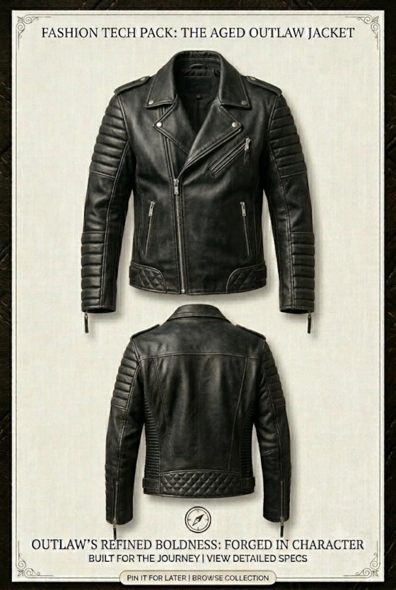 Puede incluir: Una chaqueta de cuero negro mostrada de frente y de espaldas, con paneles acolchados en los hombros y la parte baja de la espalda, cremalleras plateadas y solapas. El texto dice: FASHION TECH PACK: THE AGED OUTLAW JACKET, OUTLAW'S REFINED BOLDNESS.