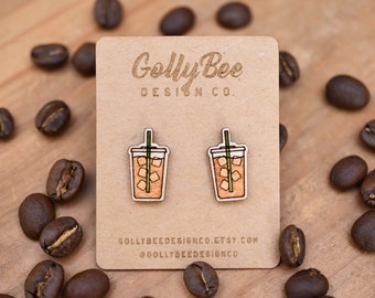 Iced Coffee Tea Handmade Wood Stud Earrings