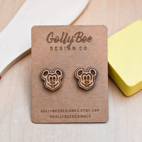 Waffle Mickey Inspired Handmade Wood Stud Earrings