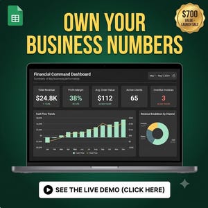 May include: A laptop screen displays a Financial Command Dashboard with business metrics including total revenue, profit margin, and cash flow trends. The text reads OWN YOUR BUSINESS NUMBERS and SEE THE LIVE DEMO (CLICK HERE) on a dark green background.