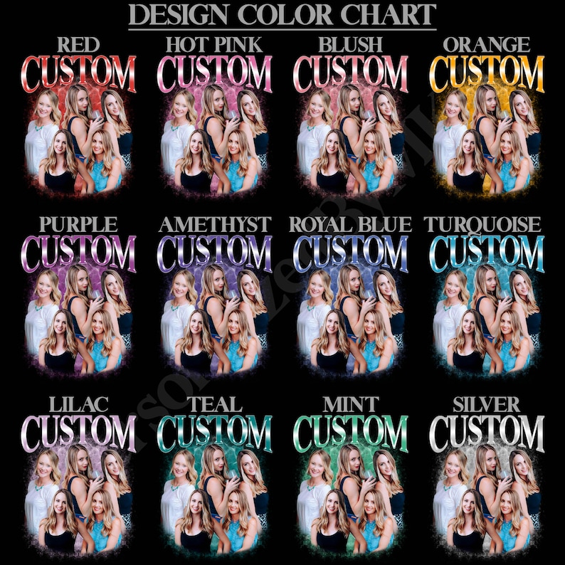 May include: A design color chart featuring twelve sections, each labeled with a color name and the word CUSTOM. Each section displays a group of three women in a photograph against a matching colored background, showcasing red, hot pink, blush, orange, purple, amethyst, royal blue, turquoise, lilac, teal, mint, and silver.