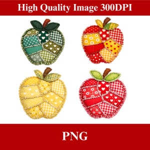 May include: Four apple-shaped decorations with patchwork designs. Each apple has a stem and leaves, and the body is made up of different fabric patterns, including polka dots, hearts, and gingham. The text "High Quality Image 300DPI" is at the top.