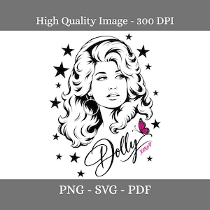 Puede incluir: Una ilustración gráfica en blanco y negro de una mujer con cabello voluminoso y pendientes de aro, rodeada de estrellas negras. El diseño presenta una mariposa rosa, el texto Dolly en cursiva y el texto xoxo en tinta rosa.