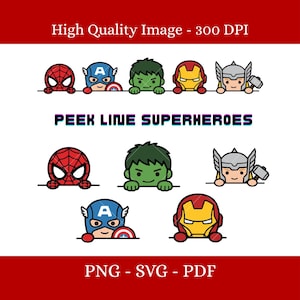 Puede incluir: Un conjunto gráfico digital con personajes de superhéroes de dibujos animados asomándose sobre una línea, incluyendo Spider-Man, Captain America, Hulk, Iron Man y Thor. Texto PEEK LINE SUPERHEROES. Incluye High Quality Image - 300 DPI, PNG - SVG - PDF.