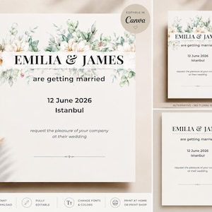 May include: Wedding invitation design featuring the names "EMILIA & JAMES" with the text "are getting married" and the date "12 June 2026" in Istanbul. The invitation has a floral design and is available in Canva.