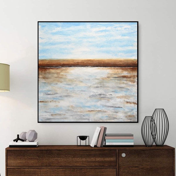 Pintura de paisaje abstracto original cuadrado gran paisaje pintura abstracta aceite azul arte moderno por L.Beiboer