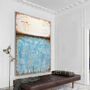 Original Large Painting Framed Abstract Art Turquoise Oil Painting Wall Art Canvas Blue White Vertical Contemporary Art Design by L.Beiboer