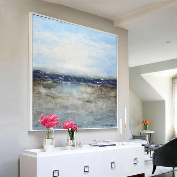 Landscape painting original large painting square abstract oil painting ocean blue seascape modern art by L.Beiboer
