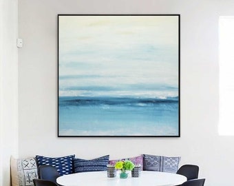 Original Large Square Scenic Painting Ocean Abstract Blue White Contemporary Art Modern Painting Large Artwork by L.Beiboer