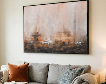 Beige Brown Framed Large Abstract Painting, Hand Painted Loft Style Earth Tones Art