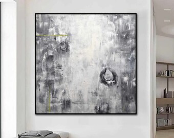 Black And White Geometrical Current Art, Hand Painted Circles Abstract Painting, Original Square Acrylic Painting On Canvas, NYC Loft Style