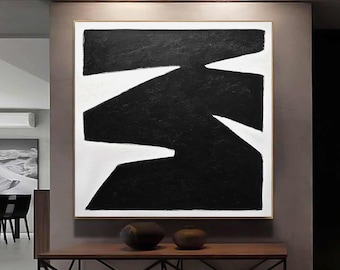 Minimalism black and white wall art, abstract painting art on canvas, square geometric original modern oil painting on canvas