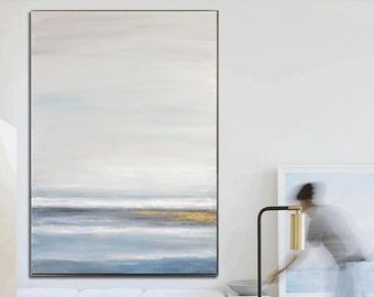 Soft Smoked Blue Gold Original Large Abstract Painting Landscape Seascape Art Oil Painting Wall Art Canvas Fine Art For Living Room