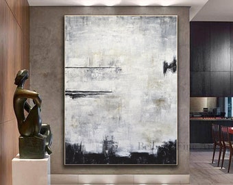 May include: Large abstract painting in shades of white, gray, and black. The artwork features textured brushstrokes and horizontal and vertical lines. The painting is displayed in a modern interior setting, with a bronze sculpture and a white pedestal.