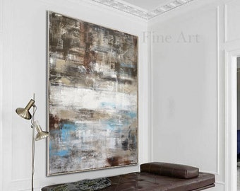 Oversized Original Loft Style Wall Art Vertical Abstract Painting Umber Brown Blue White Abstract Oil Painting on Canvas by L.Beiboer