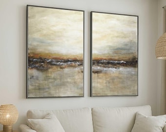 Brown Landscape original Paintings, Large Set Of 2 Paintings Above Couch, Framed Art for Office Lobby