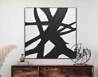 BLACK AND WHITE Mid Century Abstract Painting Expressionist Vintage Retro Artwork Tree Of Life On Canvas Square Oil Painting