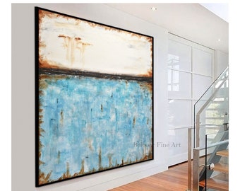 Original Large Square Abstract Painting white blue Contemporary Art Modern Acrylic Turquoise Painting by L.Beiboer