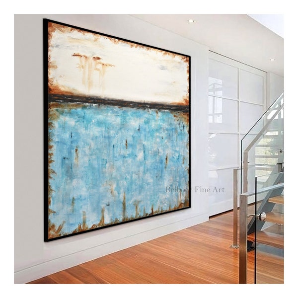 Original Large Square Abstract Painting white blue Contemporary Art Modern Acrylic Turquoise Painting by L.Beiboer