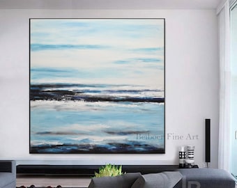 Large Landscape Painting Navy Abstract Artwork White Turquoise Canvas Wall Art Contemporary Acrylic Home Decor Handmade by L.Beiboer