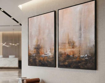 Diptych Paintings Brown Beige Wabi Sabi, Set of 2 Large Abstract Canvas Art, Original Two Panel Artwork For Office or Living Room