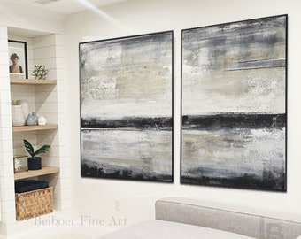 Original Abstract Paintings Diptych Artwork Set of Two Pieces Horizon Beige Black Wall Art For Sale Handmade Design For Bedroom Or Office