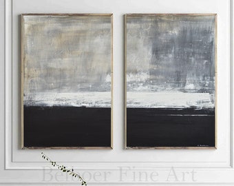 Set of 2 Abstract Paintings Diptych Two Pieces Landscape Black White Wall Art Room Decor Interior Design For Livingroom Or Office Space