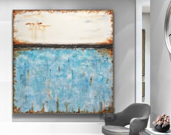 Large painting modern abstract painting original xxl blue white abstract acrylic painting turquoise brown by L.Beiboer