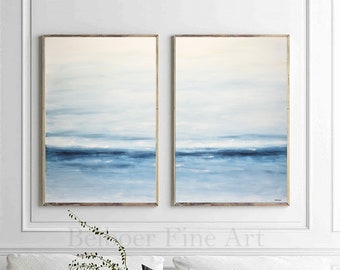 Set of 2 Blue Landscape Abstract Paintings Diptych Artwork Wall Art Room Decor Interior Design For Livingroom Or Office Space High End