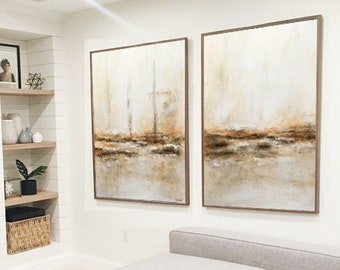 Abstract Art Extra Large Artwork Oil Painting Diptych Set of 2 Umber Sand Sienna Contemporary Design Painting For Office by L.Beiboer