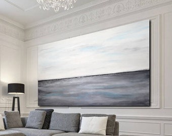 Large original abstract landscape painting panoramic art seascape gray blue white modern oil painting home decor fine art by L.Beiboer